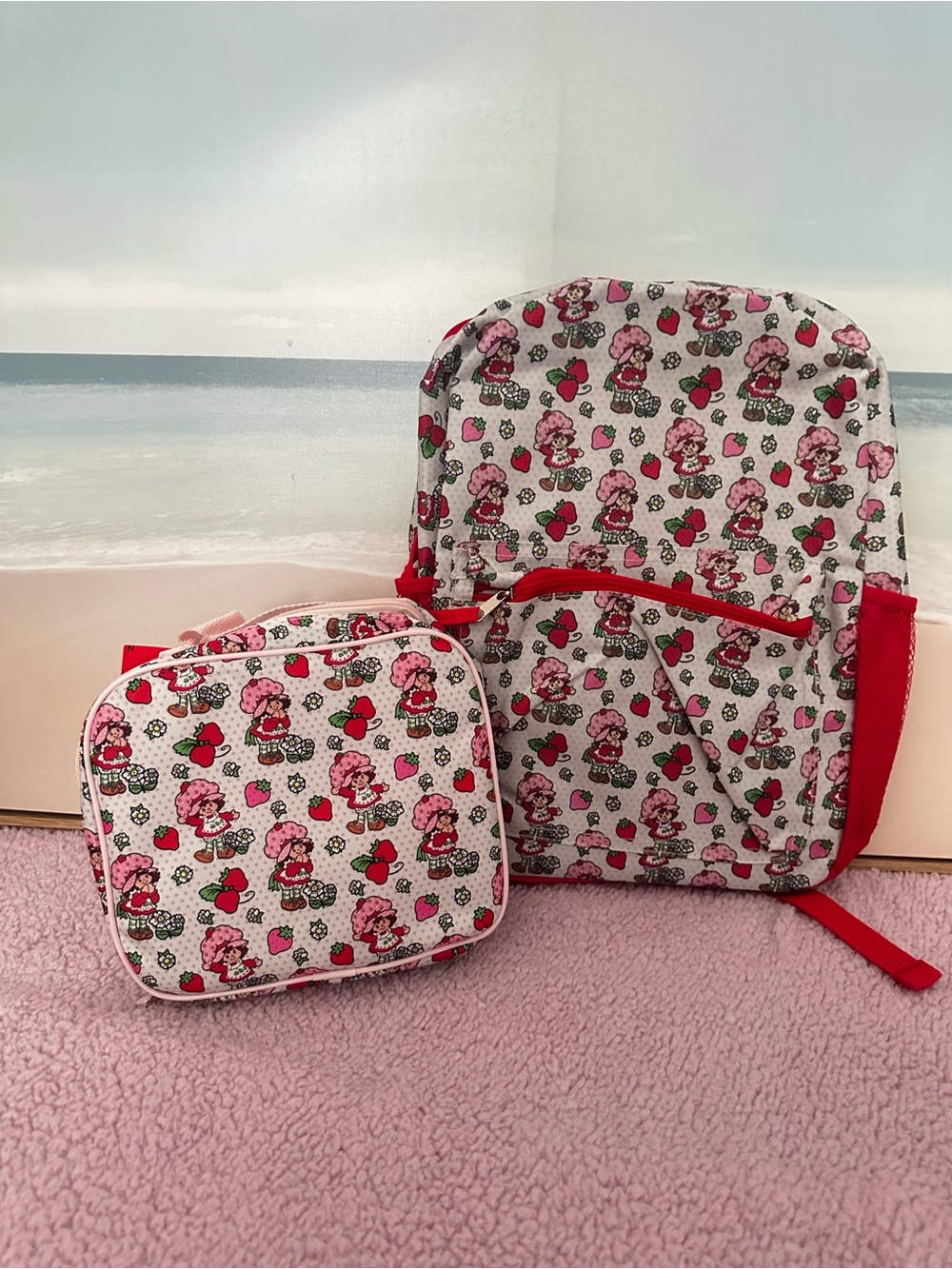 Girls Printed Pink Strawberry Backpack with Matching Lunch Bag